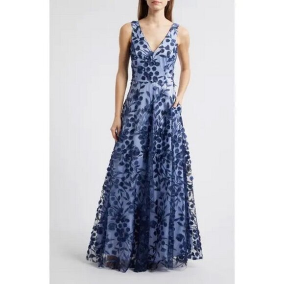 Eliza J Navy Blue Embroidered Floral Illusion Lace A-Line Gown - Picture 1 of 5